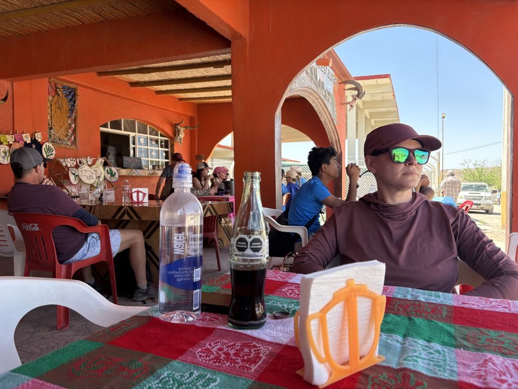 Scout at lunch in one of the restaurants.